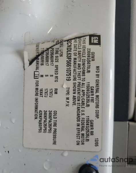 2006 Chevrolet Equinox Lt из США, поврежденный, VIN 2CNDL63F566107519